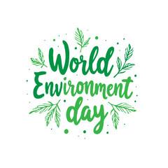 Calligraphic world environment day typography with green foliage vector design