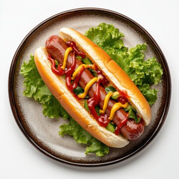 Appetizing hot dog on plate overhead shot featuring lettuce ketchup mustard and relish against a white background