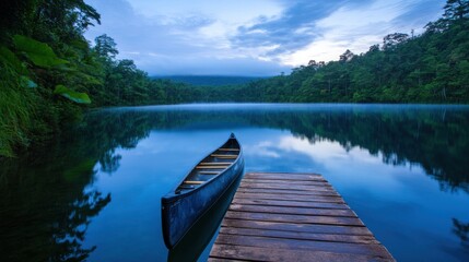 Obraz premium A canoe rests peacefully at a wooden dock on the calm surface of a lake. The early morning light casts soft hues over the water and dense greenery surrounding the area