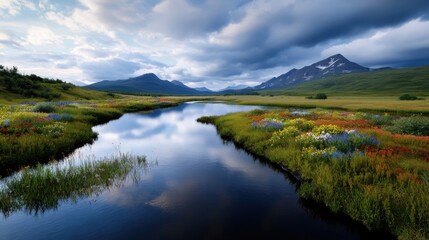 Fototapeta premium A tranquil river flows through a lush valley adorned with colorful wildflowers. Majestic mountains rise in the background under a dramatic sky filled with clouds