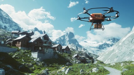 A futuristic drone delivering a package in a remote mountain village.