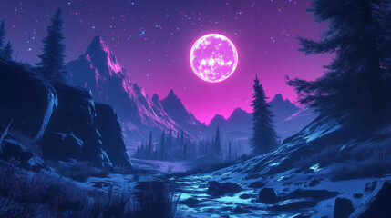 Obraz premium Pixel Art Night Landscape Purple Moonlit Mountains Winter Scene