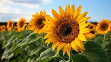 Obraz premium Bright yellow sunflowers stand tall, showcasing their vibrant petals against a clear blue sky. The field is expansive, creating a cheerful and serene atmosphere in the afternoon sunlight
