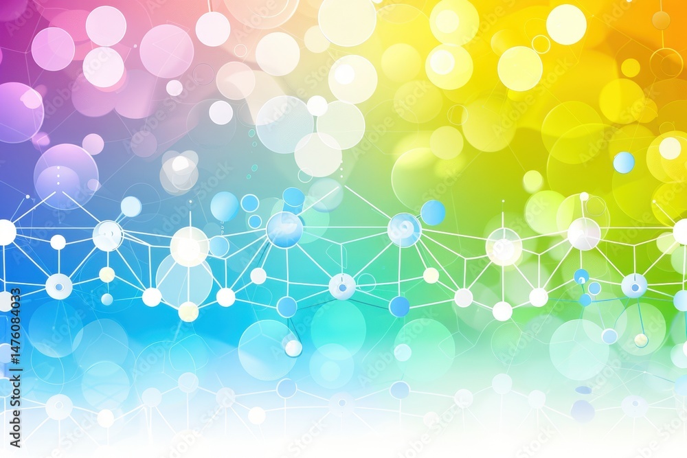 Poster abstract colorful background with connected dots and circles, evoking themes of technology, networks