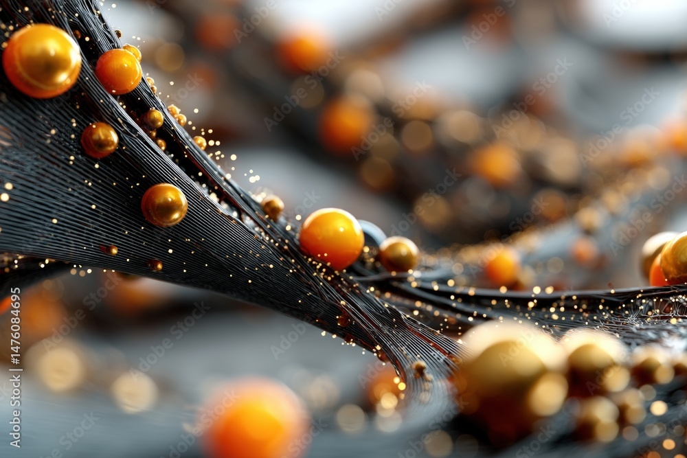 Poster abstract close-up of gold and orange spheres on flowing black mesh, creating a futuristic and dynami