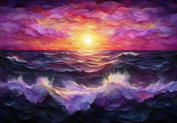 Ocean Sunset Wave Oil Painting