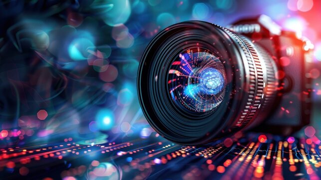 Close up Camera lens with modern digital cyber abstract technology. AI generated image