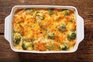 Overhead view of broccoli chicken casserole in a baking dish
