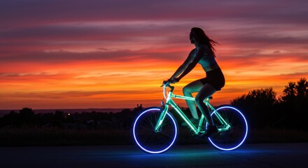 Obraz premium Woman riding illuminated bicycle at sunset with vibrant sky 