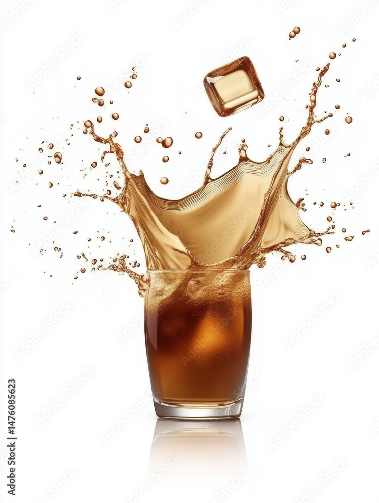 Poster ice cube splashing into glass of cola drink on white background studio shot high angle refreshing be