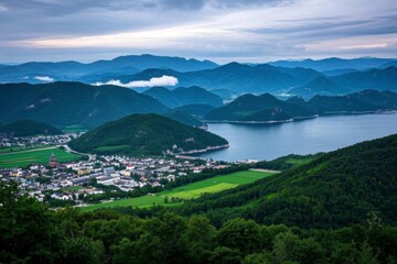 a view of a town and a lake surrounded by mountains