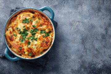 Overhead view of cheesy stuffed cabbage casserole on a gray surface with room for text