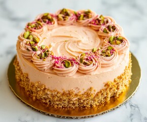 Peachy-pink frosted cake, pistachio accents