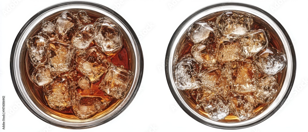 Poster two glasses of refreshing cola with ice cubes overhead shot on white background for beverage and sum