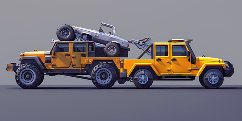 Yellow Hummer Truck Transporting Small Silver Vehicle on Flatbed

