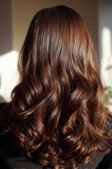 Fototapeta premium Close-up of shiny wavy medium brown hair from behind in natural light