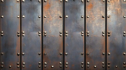 Fototapeta premium Textured metal panels with rivets, displaying rust and shades of gray.