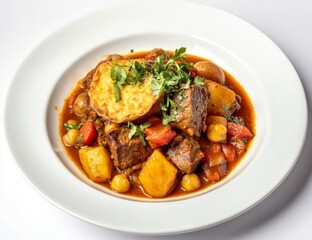 Fototapeta premium Hearty beef stew with potatoes, chickpeas, and a cornbread topping