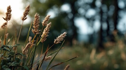 Naklejka premium Golden Grass Blades: A Serene Summer Meadow Scene