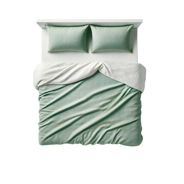 Sage green bedding set top view comfortable bed linen duvet cover and pillows on transparent background