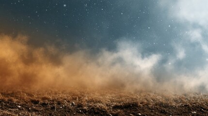 Fototapeta premium Misty Night Landscape: Starry Sky Over Brown Earth