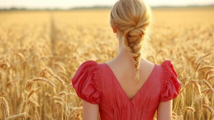 Obraz premium Golden Field Dreamscape: A lone figure, hair elegantly braided, stands amidst a sea of golden wheat, embracing the serene beauty of a sun-kissed agricultural expanse.