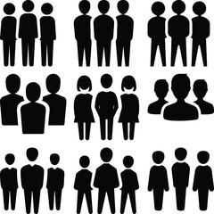 Isolated simple black silhouettes depict diverse groups of men and women as simple solid icons