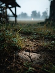 Serene Morning: Ground Level View of Dew-Kissed Grass and Rustic Structures
