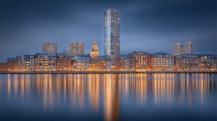 Fototapeta premium Twilight Cityscape Hamburg Harbor Reflections.