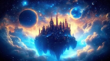 Fototapeta premium Fantasy Castle Floating on Clouds in Space