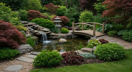 Japanese Garden with Waterfall and Bridge