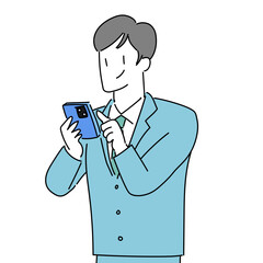 男性　スマホ　シンプル　線画　スーツ　スマホを見る　ビジネス