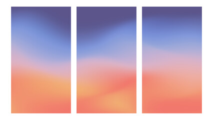 Fototapeta premium Collection of aesthetic warm sunset colors gradient background. Dark purple and orange blending colors vertical background. 