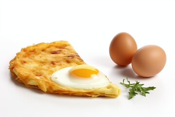 Omelet and Fresh Eggs on White Background