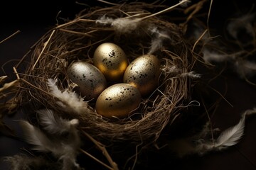 Golden Eggs Nestled in Rustic Straw with Feathers