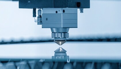 Precision Laser Cutting Machine Head Close Up Detail Showing Industrial Technology