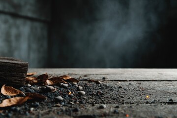 Fototapeta premium Rustic Autumnal Still Life: Dark Wood, Dried Leaves, and Stones