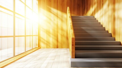Fototapeta premium Interior wooden staircase design with sunlit windows.