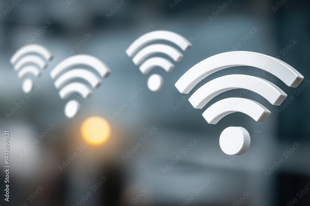 Poster multiple wi-fi symbols appear in a row, representing wireless internet connectivity in a modern, blu