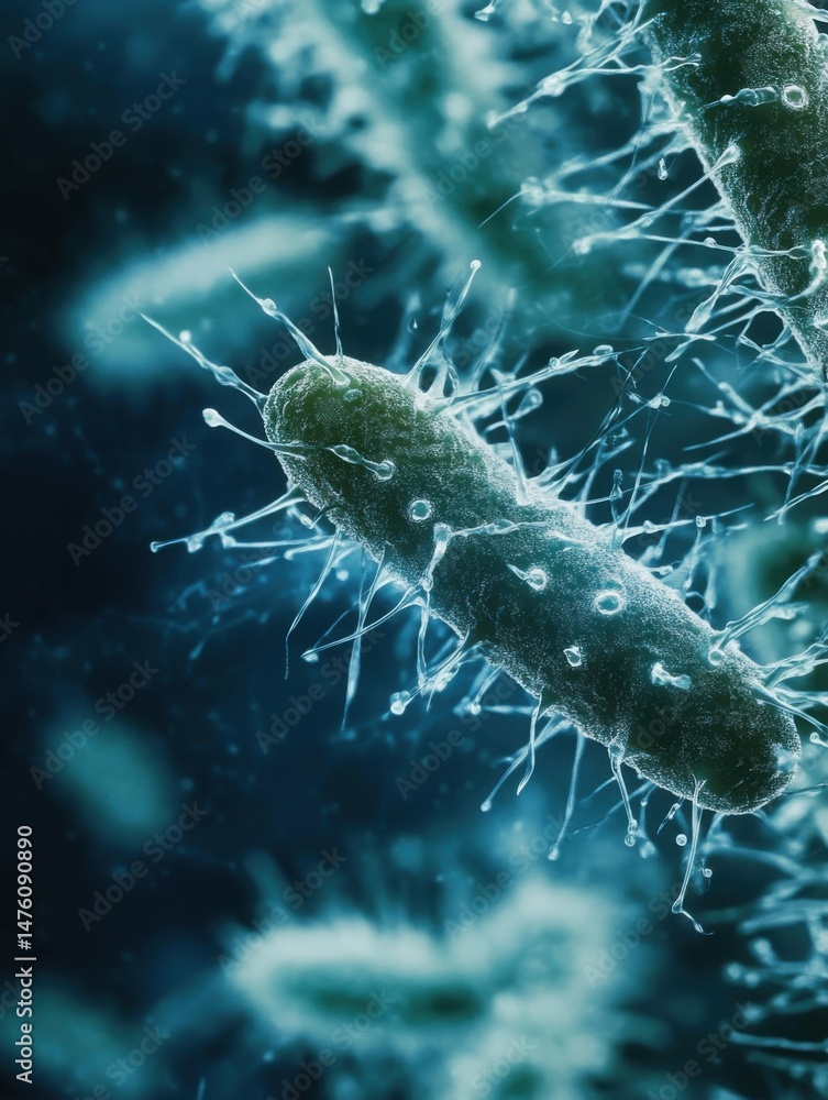 Aufkleber close-up of bacteria with flagella in a blue environment; microscopic view of infectious microbes in
