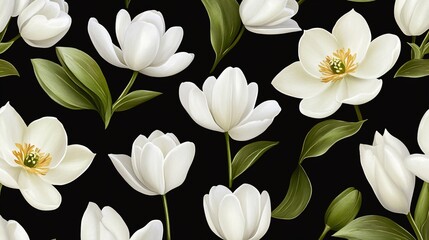 Floral pattern of white tulips and magnolia dark background