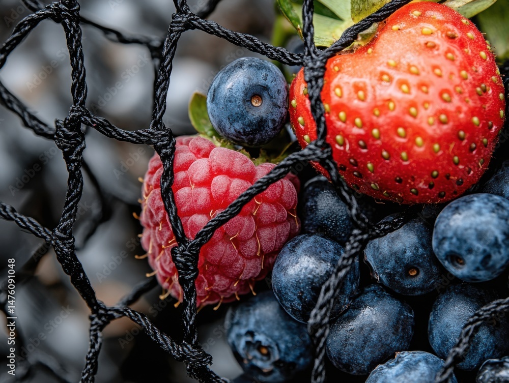 Poster fresh berries close up shot strawberry raspberry and blueberries protected by netting overhead view