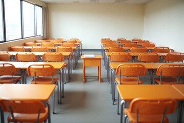Fototapeta premium empty classroom with orange chairs and desks
