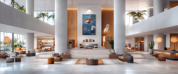 Modern hotel lobby with large pillars, art, seating, and reception desk, creating a spacious and inviting atmosphere