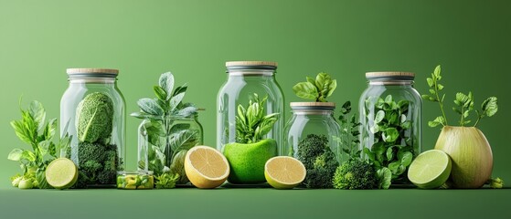 Assortment of fresh green vegetables and citrus fruits arranged in glass jars on a monochromatic background.