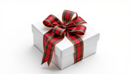 Gift box with red ribbon holiday celebration product photography studio setting top view festive spirit