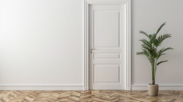 A wooden door is closed in a room indoor building with a white wall.