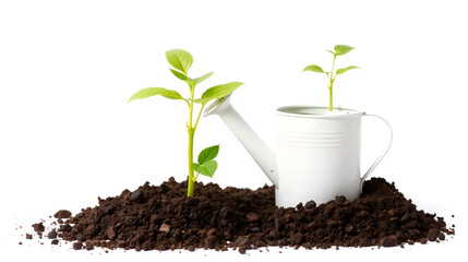 Watering can and plant in soil isolated on white background