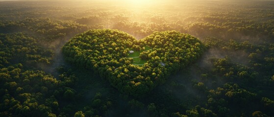 Aerial view of forest shaped like a heart with sunlight shining through the canopy at golden hour.