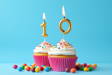 cupcake with a number 10 candle on top of it
